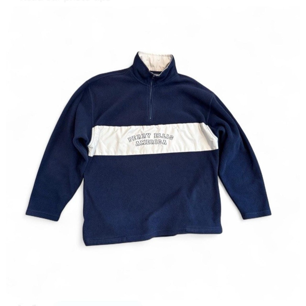 Vintage 90s Y2K Perry Ellis Sweatshirt Men Medium Spell Out Block 1/4 Zip Fleece